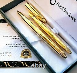 24k Gold Plated Shiny Franklin Covey Fountain Ballpoint Writing Pen Set Gift Box