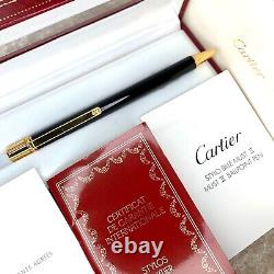 Authentic Cartier Ballpoint Pen must II Black Lacquer 18K Gold Plate wBox&Papers