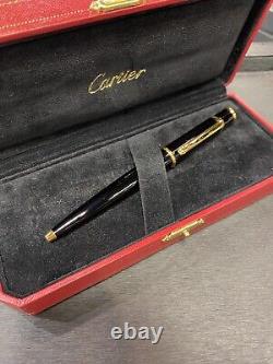 Cartier Engraved Ballpoint Diabolo Pen Black / Gold Trim Sapphire Stone