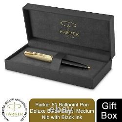 Parker Deluxe51Black Ballpoint Pen 18k Gold Nib Black Ink Gift Box