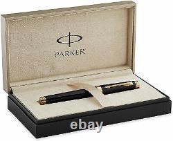 Parker Premier Deep Black Lacquer Gold Trim, Rollerball Pen Fine Black Refill