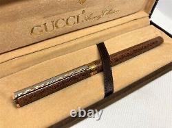Unused Auth GUCCI K18 Gold-Plated Brown Wood Pattern Fountain Pen w Box & Case