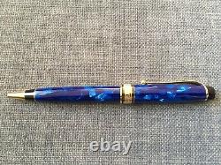 Vintage Blue Marbled Aurora Optima Ball Point Pen Gold Trim In Box