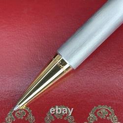 Vintage Cartier Ballpoint Pen Santos Brushed Silver 18K Gold Plated withBox&Papers