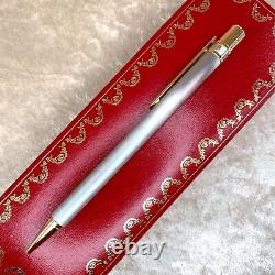 Vintage Cartier Ballpoint Pen Santos Brushed Silver Gold Plate Trim withBox&Papers