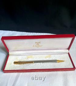 Vintage Must De Cartier Ballpoint Pen Brushed Steel With Gold Trim Boxed