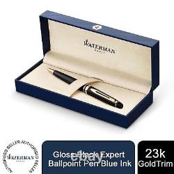 Waterman Expert Ballpoint Pen Gloss Black 23K Gold Trim Medium Tip Blue Ink