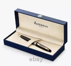 Waterman Expert Blue Ink Medium Tip Ballpoint Pen Gold Trims/Gloss Black B+